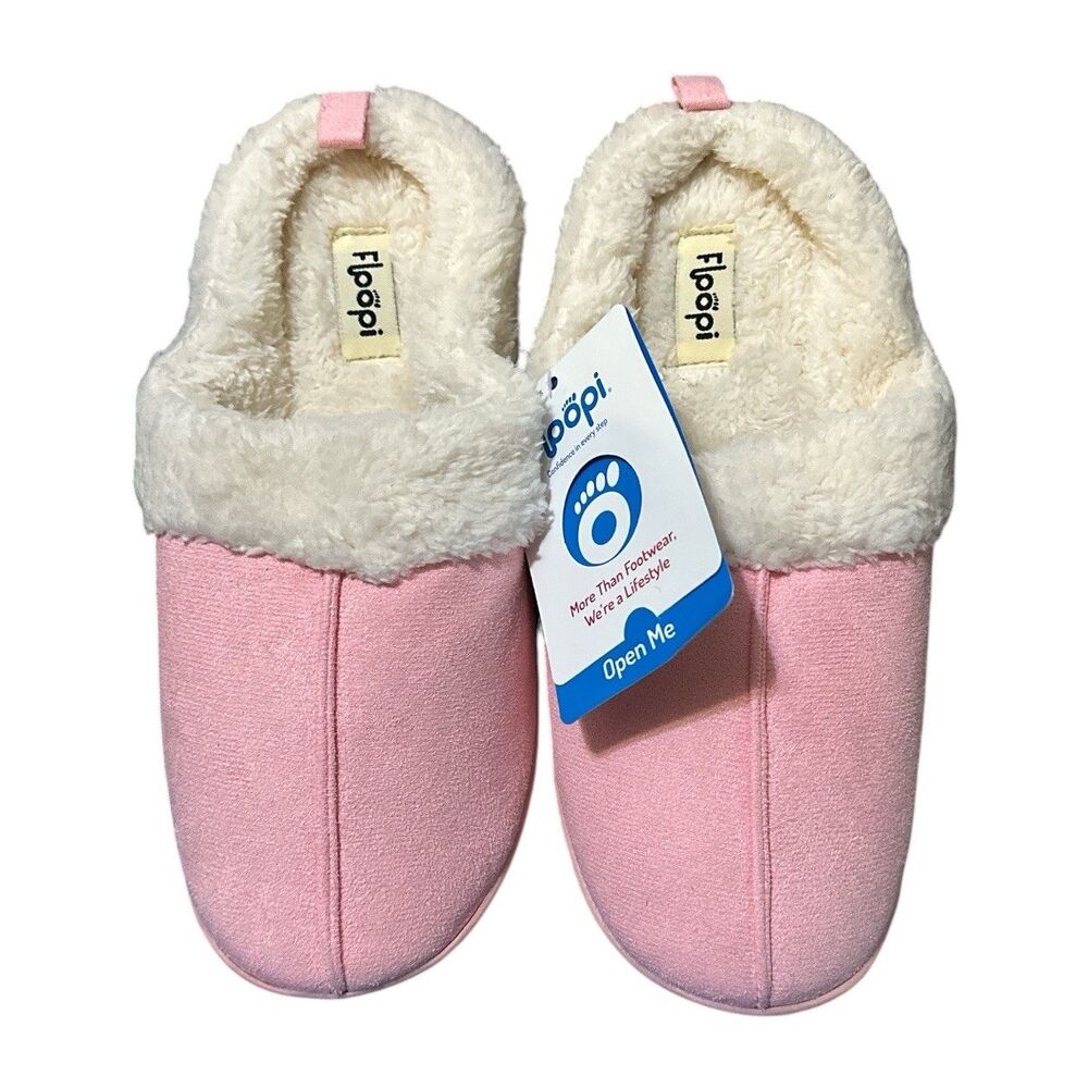 Floopi Women’s Slippers Pink Faux Fur Memory Foam Indoor Outdoor Size L 9-10 NWT